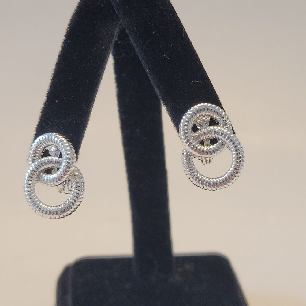Vintage Signed NWH Clip-On Earrings Silver-Tone Double Circles Textured